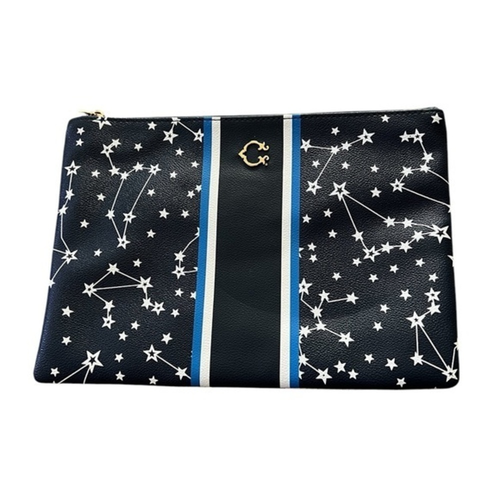 C WONDER Constellations Stars Faux Leather Clutch / Zipper Pouch Blue / White
